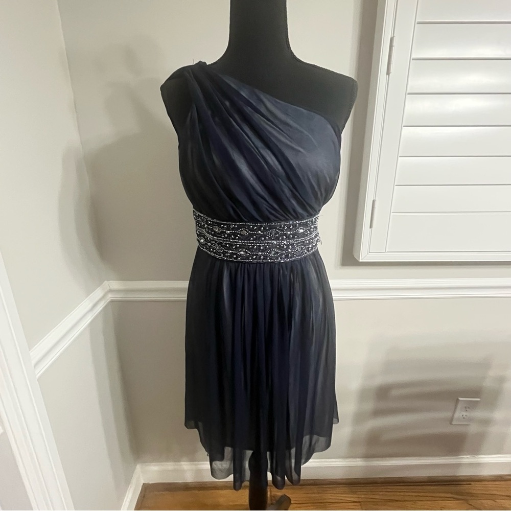 One Shoulder Sz 4 Jessica Howard Dress Navy Silver Beaded Waist Cocktail Short